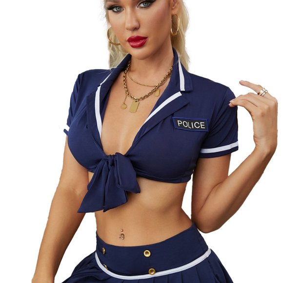 Navy Blue Knotted Crop Top and Pleated Skirt Policewoman Costume Roleplay - Picture 8 of 8